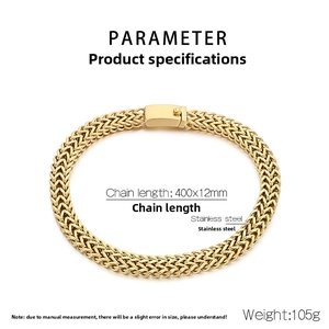 Detailed specs of 12mm gold stainless steel Franco chain necklace with size dimensions