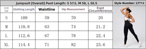 Size chart detail for sexy backless yoga jumpsuit showing length, waist, and hip dimensions
