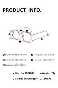 Detailed size chart for TR90 and copper round glasses frame showing precise measurements