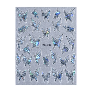 Detailed holographic butterfly and rose 3D embossed nail art stickers MO388 on gray card