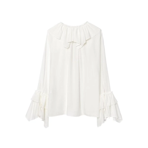 Elegante witte chiffon blouse met ruches V-hals en gelaagde geplooide manchetten in losse pasvorm