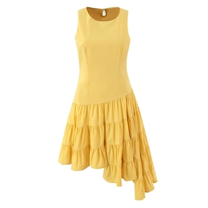 Women Sleeveless Washed Cotton Dress Round Neck Asymmetric Tiered Skirt Irregular Hem Casual Summer Fashion Yellow