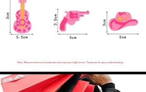Size chart for pink PVC charms showing guitar, pistol, and cowboy hat dimensions