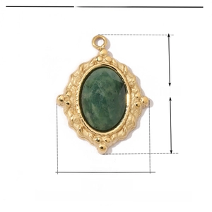 Detailed view of vintage gold stainless steel oval green natural stone pendant dimensions