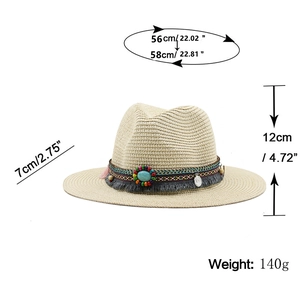 Unisex straw sun hat with ethnic bead trim and measurements for summer beach wear
