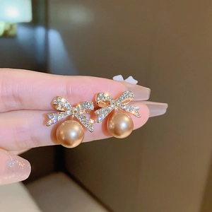 Boucles D'Oreilles Puces Künstliche Perle Imitation Noeud Strass Avec Tige En Argent Sterling 925 Élégant Doré Style Rétro Français