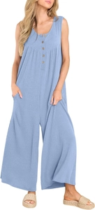 Close-up of light blue ribbed knit jumpsuit featuring front buttons and side pockets