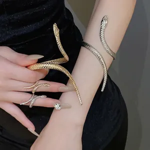 Snake Shaped Armband Bracelet And Ring Metal Scales Texture Open Adjustable Vintage Gothic Punk Style For Women