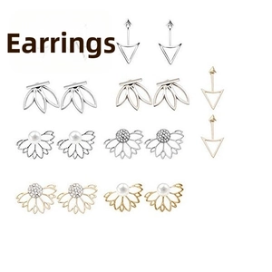 12-piece lotus and geometric stud earring set with gold, silver, and pearl accents