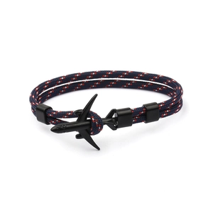 Couples airplane bracelet with blue red and white paracord and black metal charms