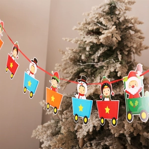 Detail of Christmas banner featuring cartoon train cards with Santa Claus and snowmen