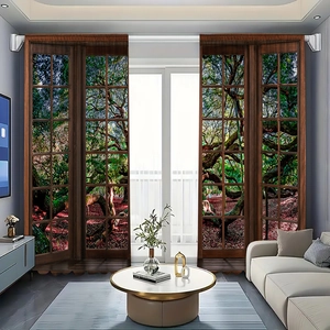 Detailed 3D sunset forest landscape printed blackout curtains with rod pocket design