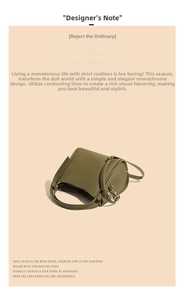 Detail of olive green lychee grain leather bucket bag with gold-tone hardware accents