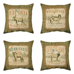 Set of 4 vintage forest animal linen pillow covers featuring wolf and bear wildlife prints