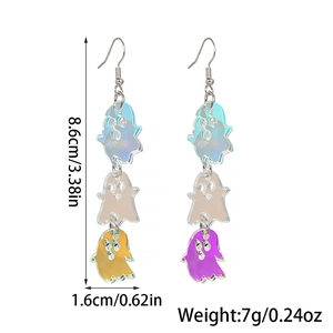 Detailed view of iridescent acrylic ghost earrings with size 3.38in and weight 0.24oz