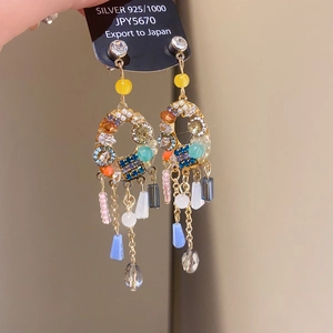 Detail of bohemian hollow zircon drop earrings with colorful beads and 925 silver hooks