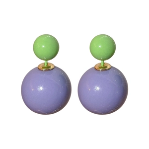 Minimalist green and purple ball earrings with gold-tone finish on a clean white background