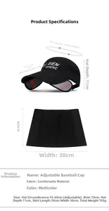 Dettaglio cappello parasole con dimensioni, visiera a scomparsa e protezione nuca rimovibile