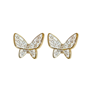 Elegant gold butterfly stud earrings with white enamel and sparkling zircon stones