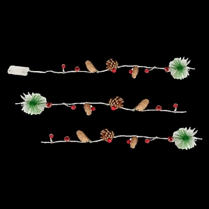 Christmas LED string lights with pine cones, red berries and green pine needles decoration