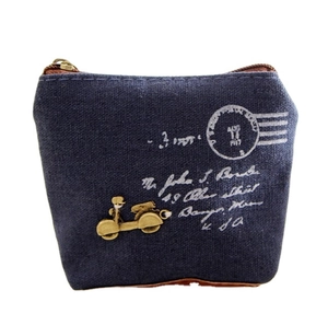 Retro navy canvas coin purse with vintage postmark print and metal scooter pendant