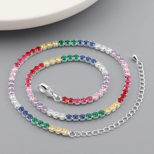 Detailed view of colorful zircon necklace with rainbow gemstones and lobster clasp