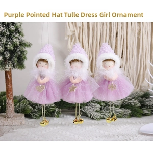 Close-up of Christmas angel pendants with purple knit hats, mesh skirts, and gold bells