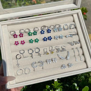 Detailed top view of S925 sterling silver earring set with colorful zircon stones