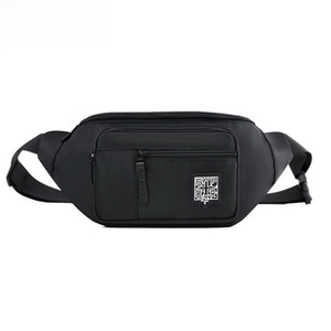 Detailed view of black nylon sports waist bag with dual zippers and adjustable buckle