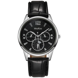 Detail of multi-functional men's business watch with black dial and luminous hands