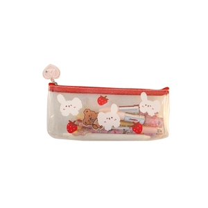 Transparent pencil case with red zipper, cute dog and strawberry patterns for students