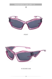 Detailed views of transparent pink Y2K cat-eye sunglasses with grey lenses and C5 code