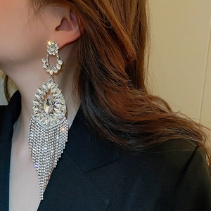 Detail of silver long tassel earrings with sparkling rhinestones worn by a model