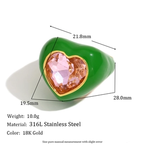 Chunky 18K gold plated stainless steel ring with green enamel and pink heart crystal