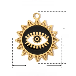 Detail view of evil eye sun pendant showing 21x18mm dimensions and stainless steel material