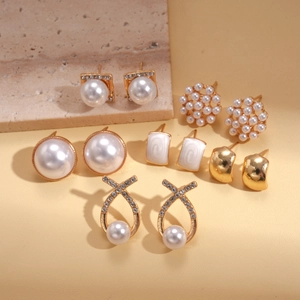 6-pair set of elegant pearl and rhinestone geometric stud earrings in gold finish