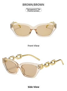 Detail view of transparent tea cat-eye sunglasses with golden chain-link metal temples