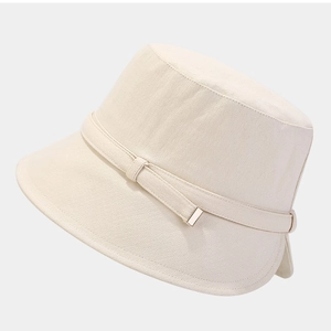 Elegant beige herringbone bucket hat with thin leather strap and gold buckle detail