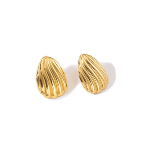 Close-up of golden stainless steel shell-shaped earrings with polished radial texture