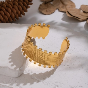 Retro 18K gold-plated stainless steel geometric water ripple wide open cuff bracelet
