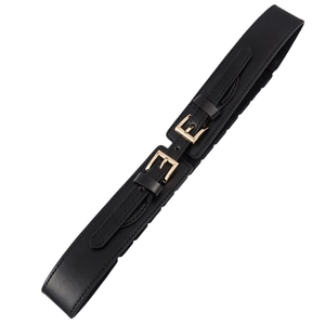 Elastic waist belt for women in black leather with stylish double golden metal buckles
