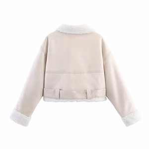 Detail of off-white short jacket with faux suede and white sherpa fleece back view