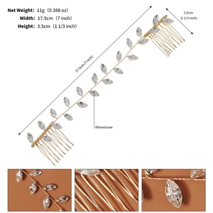 Detailed dimensions of bridal hair comb with rhinestone leaves and weaving details
