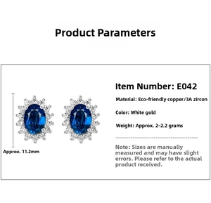 Macro shot of oval blue sapphire sunflower stud earrings with detailed size measurements