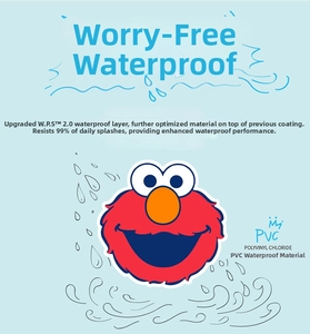 Detailed view of PVC waterproof sticker featuring Sesame Street Elmo with W.P.S 2.0 tech