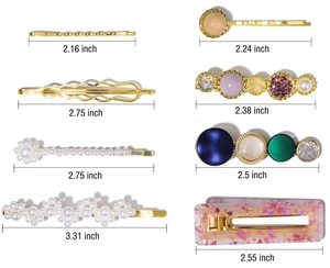 Detailed size guide of pearl and resin hair clips set with various length measurements