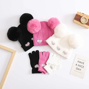 Kids Baby Knitted Hat Glove Winter Warm Double Pom Pom Heart Sequin Beanie Cap For Boys Girls 3-7 Years Old Acrylic Headwear
