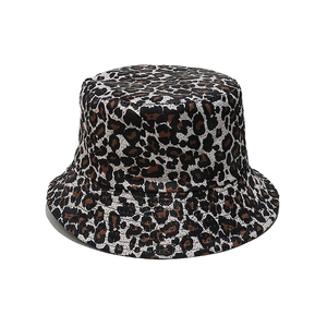 Close-up of leopard print pattern and fabric texture on a flat-top bucket hat