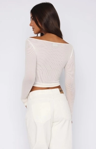 Detailed back view of white semi-transparent mesh crop top with off-shoulder long sleeves