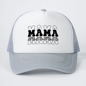 Mesh trucker hat with MAMA print design in white and grey for outdoor sun protection